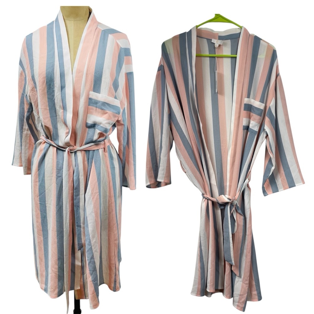 NWT Striped Kimono Robe Coral Minimalist LG Moms Day Jacket Cardigan Charming